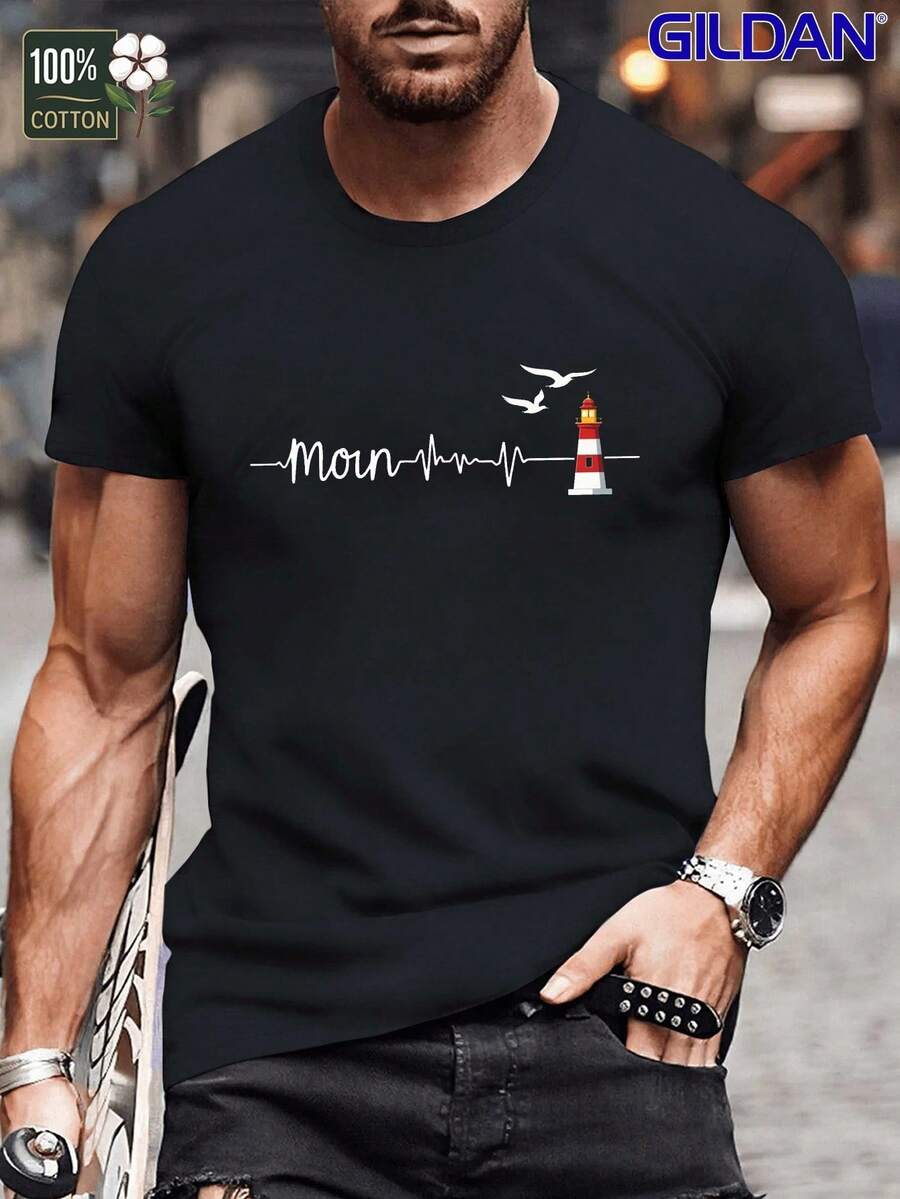 Heartbeat Moin Lighthouse Simple Pure Cotton Men's T-Shirt, Comfortable Fit - Black - View 1