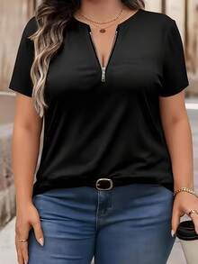 Talla Grande - Talla Grande - Camiseta con Cremallera para Mujer de Talla Grande Europea y Americana Transfronteriza - Negro - Ver 3
