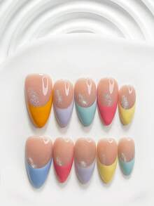 10pcs Dopamine Style Handmade Press-On Nails, Poly Gel Nail Art Set, Colorful French Manicure, Orange, Purple, Blue, Pink Nail Polish, Sweet & Cool Style, Includes Nail Art Tools, 3 Sizes Available, Square, Short Square, Almond Shape, Suitable For Party, Dance, Daily Wear - 彩色 - 查看 20