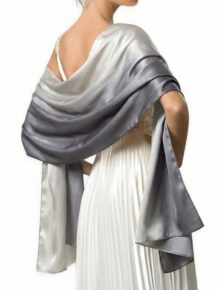 1pc Women's Solid Color New Satin Long Scarf - Gray-white Gradient - View 1