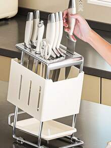 Knife And Chopstick Storage Box - Durable Plastic Cutlery Storage Bin With Drainage Base, Suitable For Kitchen Countertop, Polished Finish, Can Hold Multiple Knives And Wooden Handles, Minimalist Design, Insert Installation, Portable Cutlery Rack, Easy To Clean, Essential For Home Cooking - Solid Color - View 5
