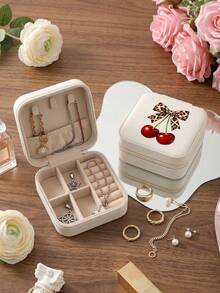 Cherry Bow Pattern PU Leather Portable Travel Jewelry Storage Box For Women, Stores Necklaces And Rings,Gift Ideas,Suitable For Home Storage,Commuting - Cherry & Bow - View 15