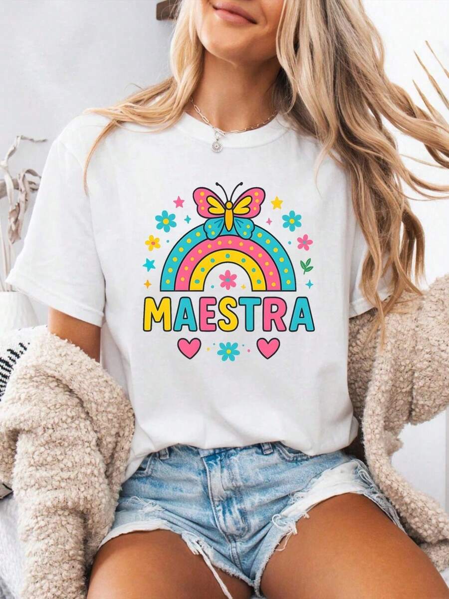 Camiseta deportiva de mujer de cuello redondo y manga corta con estampado de letras en español para uso casual en primavera y verano, camisetas gráficas para mujer, regalos para el Día de...