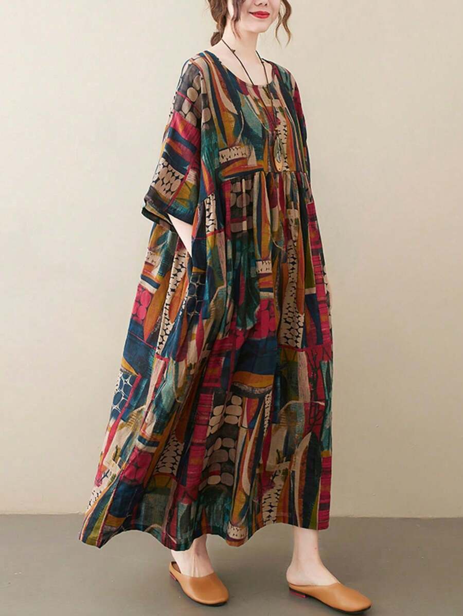 Summer 2026 Striped Dress, Women's Casual Bohemian Beach Vacation Dress. This Loose-Fitting A-Line Dress Features A Round Neck And Batwing Sleeves. - 全穀類咖啡 - 查看 1