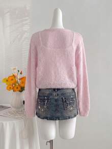 Cardigan Rajut Mohair Lembut dan Halus untuk Wanita, Warna Pink Polos, Kerah Bulat, Kancing Depan, Lengan Panjang, Longgar, Kasual, Jaket Sweater Musim Gugur - Baby Pink - View 7