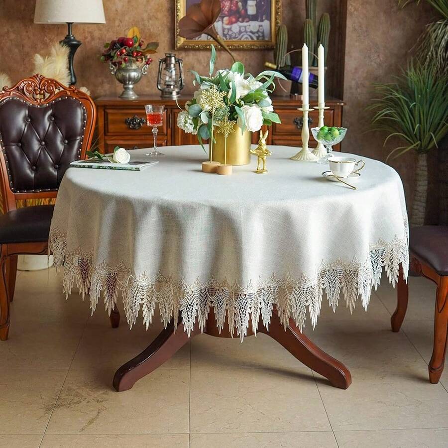 1pc Elegant Lace Linen Solid Color Round Tablecloth, Home Table Cover, Dressing Table Scarf, Suitable For Home Kitchen Decor - Beige - View 1