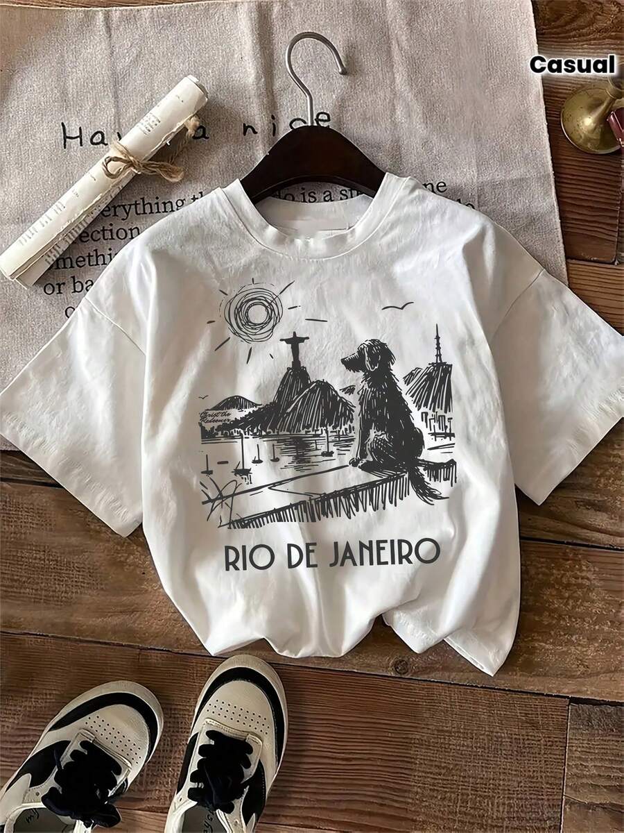 1 Piece Casual Fashion For Men And Women 100% Women's January Rio T-Shirt, Brazil, With Outstanding Features Dog Lover Print, Casual Holiday Short Sleeve Top, Women's Easter Clothing Set - 白色 - 查看 1