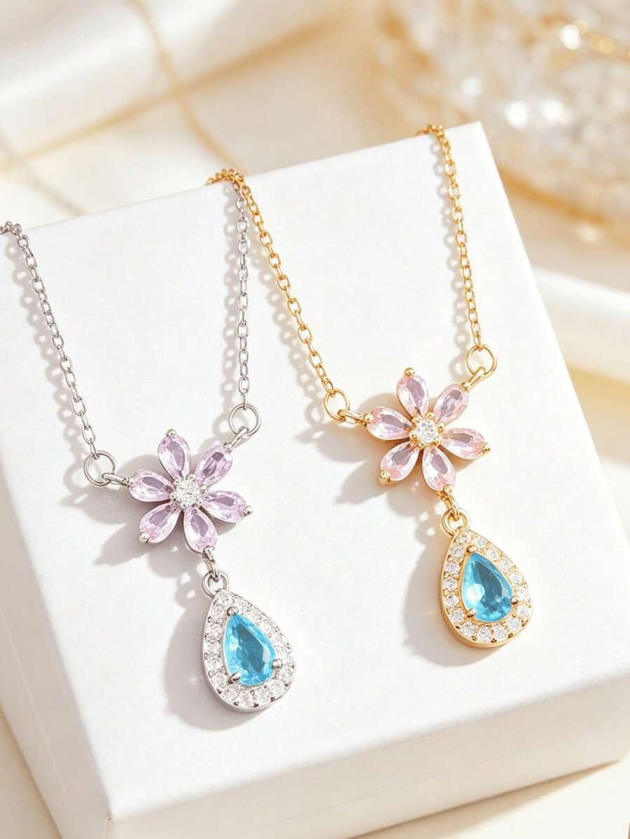 1pc Stainless Steel Chain With Zirconia Flower Water Drop Pendant Women's Fashion Necklace Jewelry, Gift Accessory - Style N - View 1