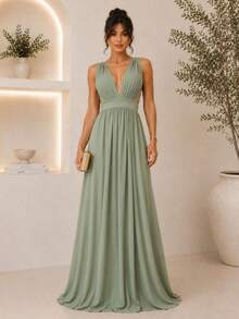 Cheap Bridesmaid Dress For Party Guests, Reception, Graduation, Without Shine, Open On The Side - Verde Oliva - Ver 2