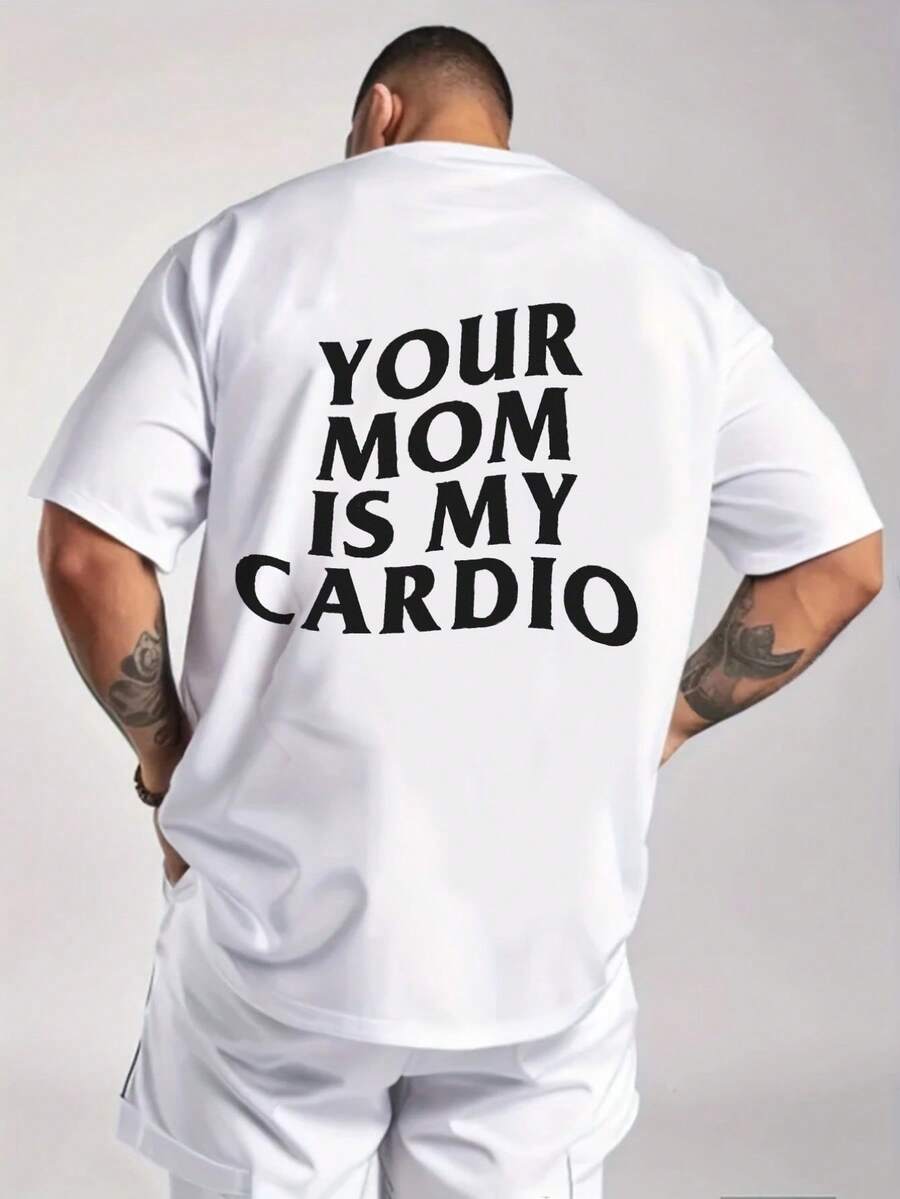 Maglietta da uomo umoristica "Tua madre è il mio cardio". Taglio aderente, girocollo, maniche corte, con stampa sarcastica e audace, ideale per il lavoro e il tempo libero, ampia e comoda. - Bianco - Visualizzare 1