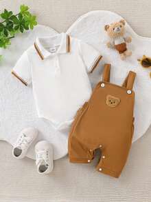 2pcs/Set Baby Boy Stylish Lightweight Short Sleeve Polo Shirt And Cute Brown Bear Handsome Overalls, Spring/Summer New Style, Daily Wear - Khaki - View 4