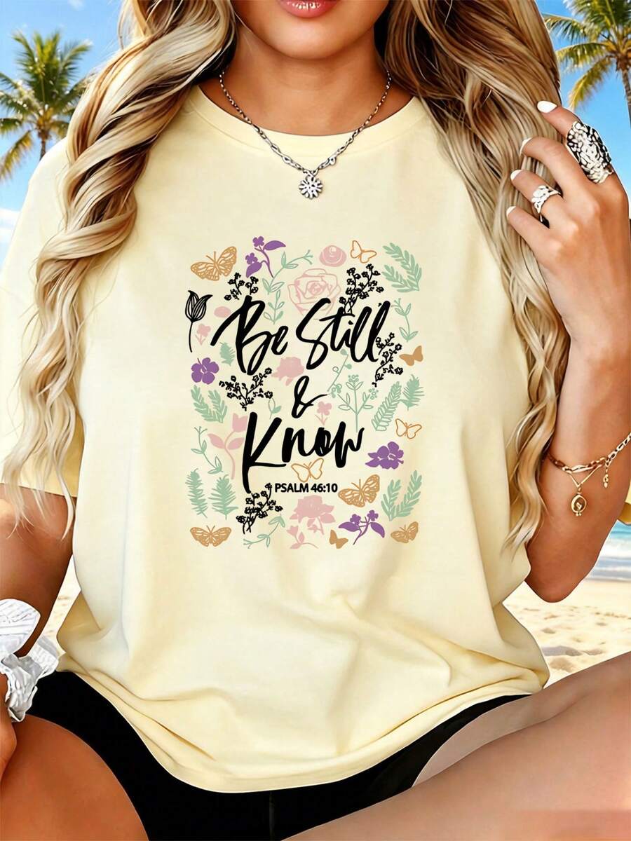 Women's T-Shirt, Flowers And Butterflies, Everyday Summer Wear - 卡其色 - 查看 1