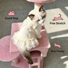 Vestido sin mangas con volantes de encaje para mascotas con decoración de lazo lindo, vestido de tirantes tejido para perro & gato, atuendo transpirable y elástico para cachorro & gatito, ropa casual de verano, adecuado para razas de perros & gatos pequeños & medianos (incluyendo Bichón, Labrador, etc.) - Beis - Ver 4
