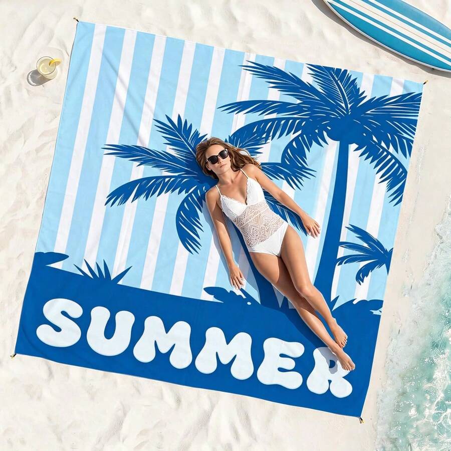 1 Stück Oversized Kokosbaum gestreifte sandabweisende schnelltrocknende Strandtuch Matte, geeignet für 1-3 Erwachsene leichtes, langanhaltend Polyestergewebe perfekt für Reisen, Camping, Wandern und Lässig am Strand, Strandmatte, Picknickmatte, Camping Bodenabdeckung - Verschiedenfarbig - Übersicht 1