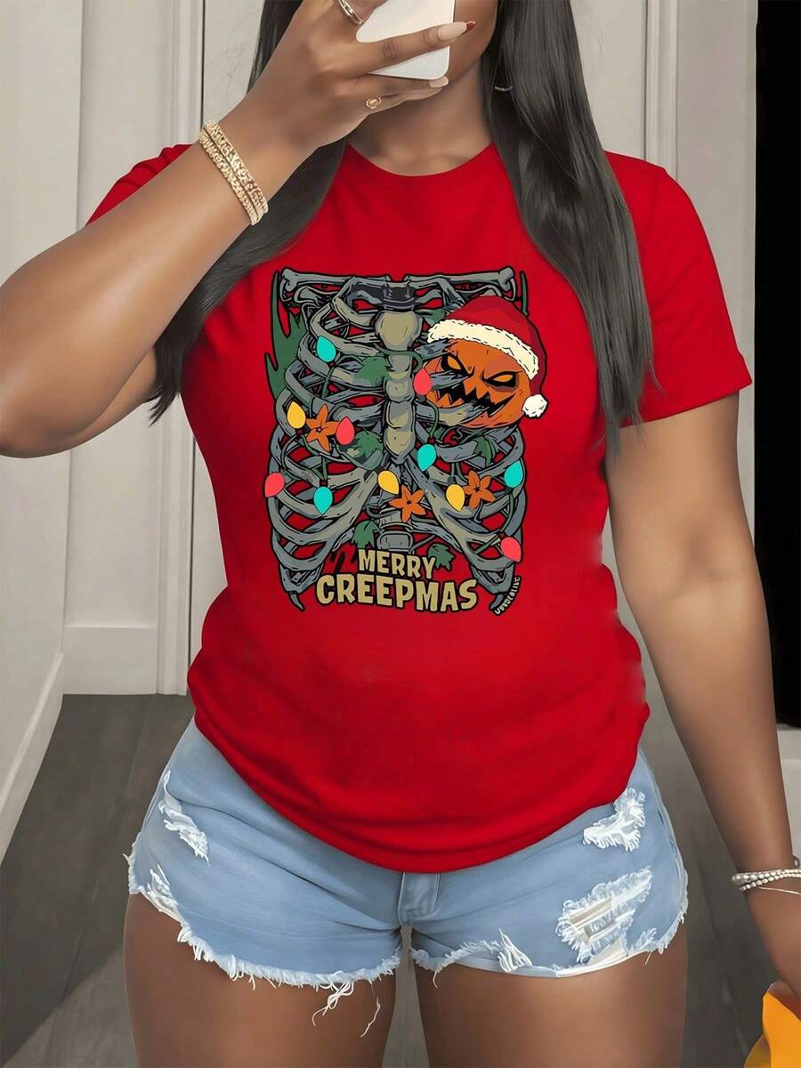 Graphic Of A Skeleton Decorated With Christmas Lights And A Pumpkin Wearing A Santa Hat, Symbolizing The Union Between The Festive Spirit And The Macabre. Women's T-Shirt, 100% Cotton, Very Soft. - 紅色 - 查看 1