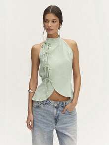 Summer Top In A Chinese Style With A Striped Linen Collar, Sleeveless And With Bow Details. - 青碧色 - 查看 1