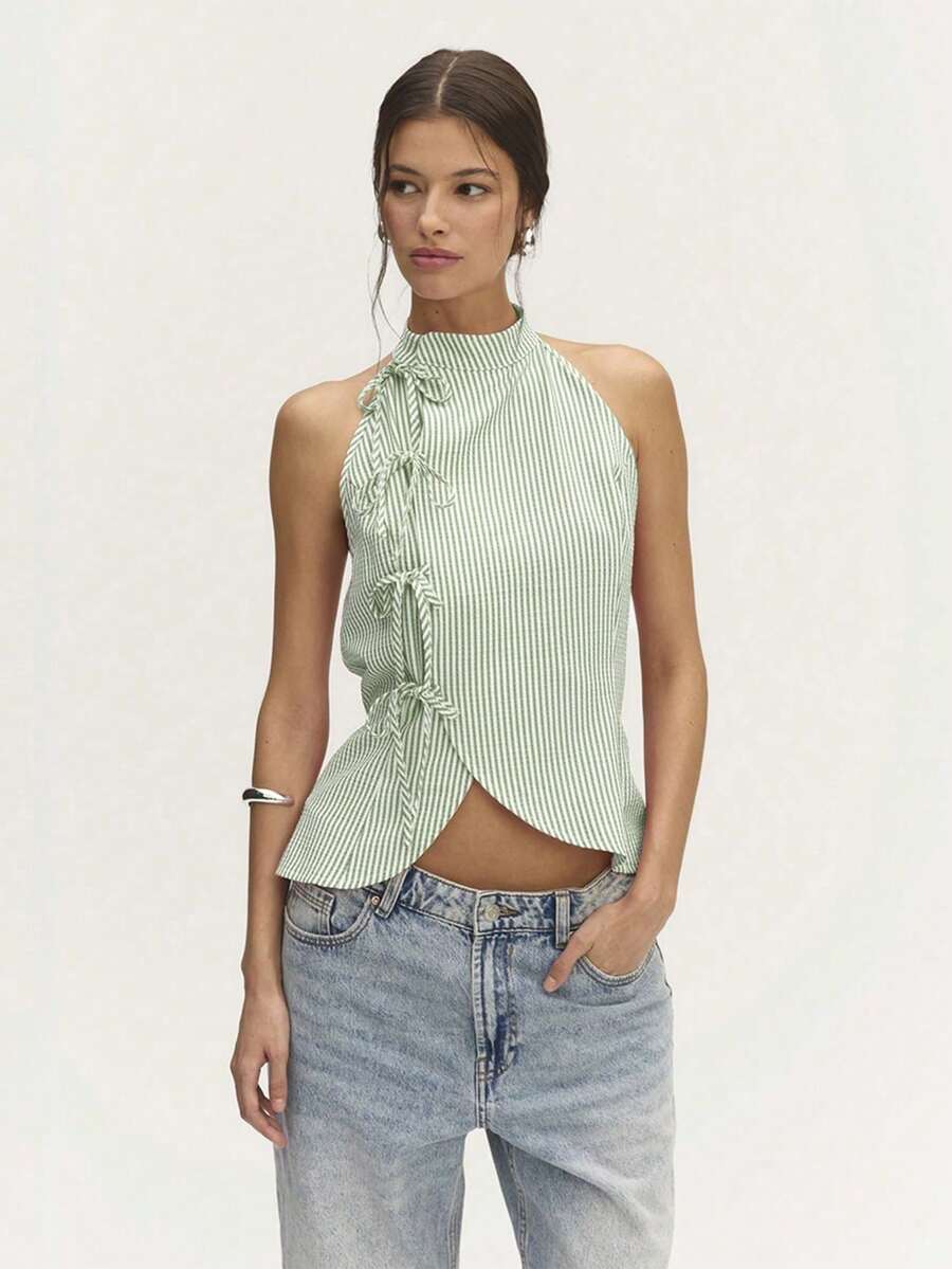 Summer Top In A Chinese Style With A Striped Linen Collar, Sleeveless And With Bow Details. - 青碧色 - 查看 1