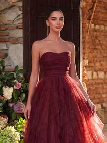 Faeriesty Romantic Strapless Bridal Dress, Layered Ruffle Tulle Skirt, A-Line Silhouette, Suitable For Classic Weddings, Graduations, Galas Elegant - Burgundy - View 4