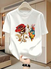 Camiseta% algodón con estampado vintage de rosas rojas, hojas doradas y loros. Manga corta, estilo casual urbano, corte holgado, para el verano. Adecuada para uso diario, fies - Blanco - Ver 1