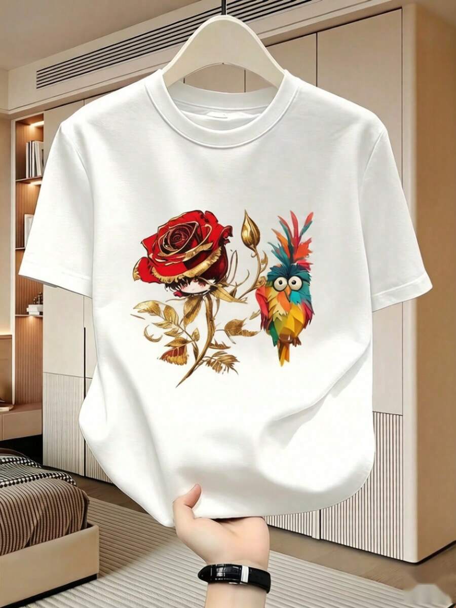 Camiseta% algodón con estampado vintage de rosas rojas, hojas doradas y loros. Manga corta, estilo casual urbano, corte holgado, para el verano. Adecuada para uso diario, fies - Blanco - Ver 1