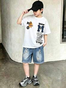 2pcs Tween Boys Sets: Letter Graphic Print Short Sleeve Tee And Distressed Denim Shorts - White - View 1