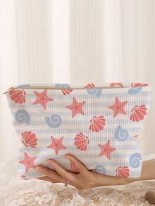 1pc Portable Cosmetic Storage Bag Ocean Series Shell & Starfish Pattern Double-Sided Printed Travel Zipper Makeup Pouch Multifunctional Toiletry Organizer - Multicolor - View 4