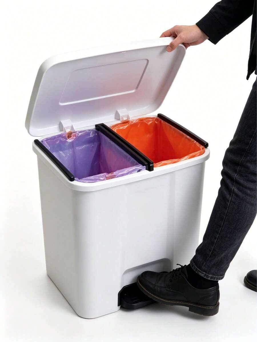 35L Double-Compartment Pedal Sorting Bin, Constructed With Thickened Material; Pedal-Operated Lid Design Prevents Odors, Enables Wet And Dry Waste Separation, And Its Large Capacity Suits Various Application Scenarios. - Random Color - View 1