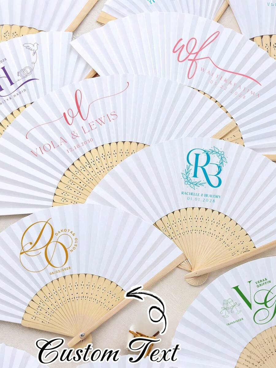 Custom Personalized White Fabric Hand Fans With Bamboo Ribs - Wedding & Party Favors, Bachelorette Party, Holiday, And Birthday Gifts