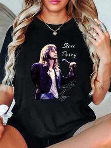 Camiseta% Algodón con Estampado de la Firma de Steve Perry en Negro, Moda Verano, Cuello Redondo, Manga Corta, Camiseta Gráfica para Hombre y Mujer - Negro - Ver 1