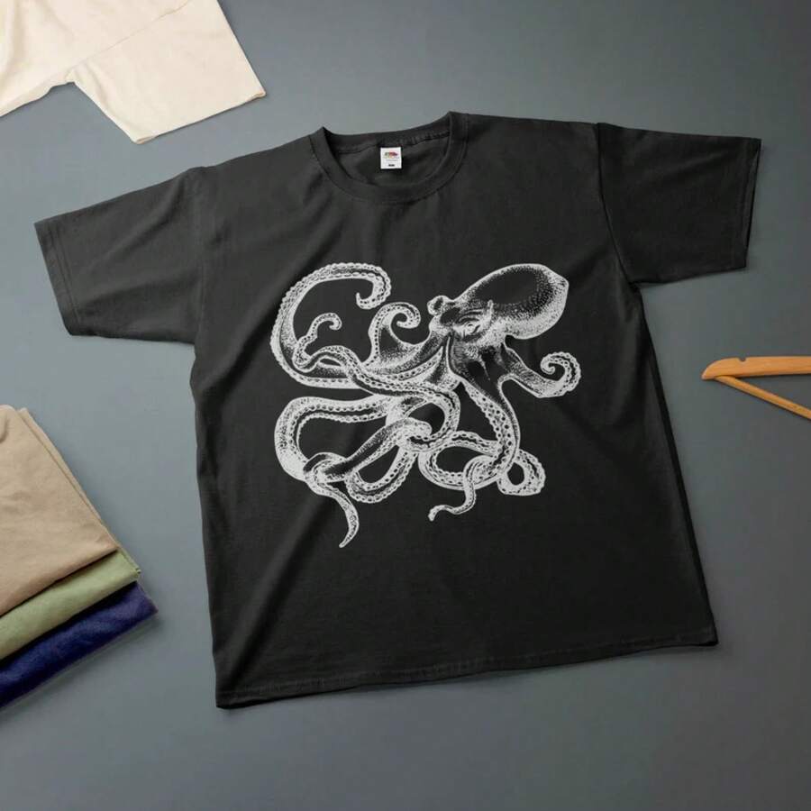 Octopus Ink Drawing Kraken T-Shirt Various Sizes & Colours Tee - Black - View 1