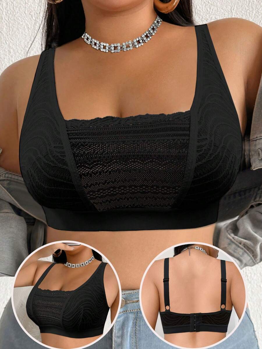 Plus Size Women Lace Patchwork Seamless Underwear, Suitable For Daily Wear In Various Occasions - Black - View 1