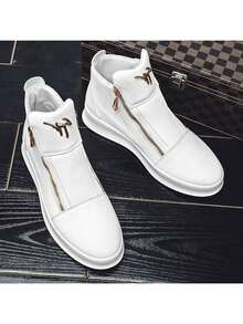 Casual Leather Ankle Boots, High-Top Shoes, Sneakers With Metal Eyelets, Side Zipper, For Daily Wear - White - View 13