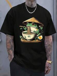 Camiseta de hombre con estampado de anime - Rana linda disfrutando de ramen, diseño japonés, camisa casual de corte holgado, adecuada para amantes del anime, lavable y opaca, para toda - Negro - Ver 1