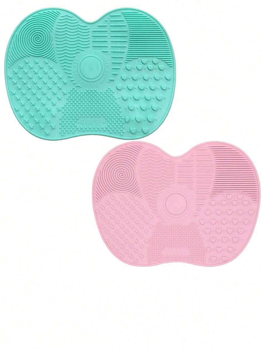 Silicone Makeup Brush Cleaning Mat With Suction Cup, Portable Makeup Brush Cleaning Tool, Apple-Shaped Silicone Makeup Brush Cleaning Pad - 2 件(粉紅色和薄荷綠) - 查看 1
