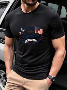 Breathable Comfortable Crew Neck Short Sleeve Versatile Men's T Shirt, 250 Years Of Freedom 1776 Printed Casual Top For Daily Outdoor Outings - Black - View 6