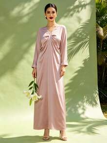 1pc Elegant Solid Color Long Sleeve Muslim Abaya For Women, Summer - Mauve Purple - View 5