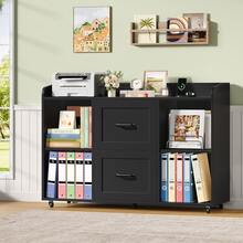 Rolling Mobile File Cabinet With 2 Drawers & Open Storage Compartments, Home & Office Low Printer Storage Cart For A4/Letter/Legal Size Folders - Black - View 8