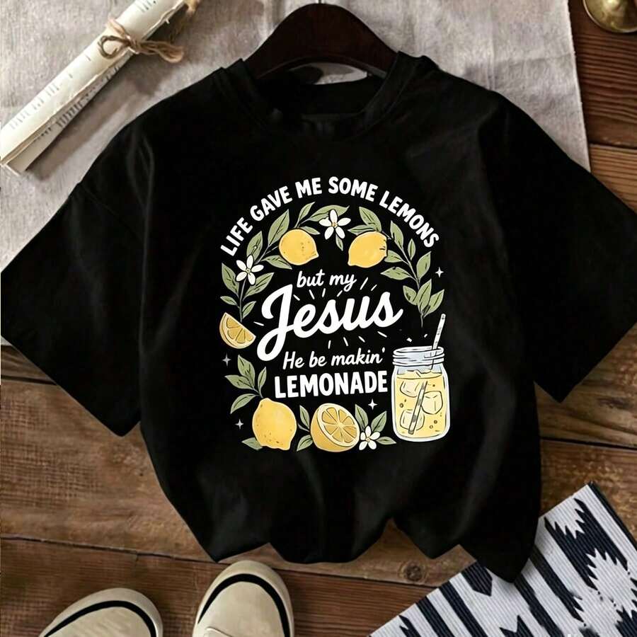1 Piece Casual Fashion For Men And Women LIFEDIOYo SOME LEMONS BUT MY JESUS HIMSELF MAKING LEMONADE Graphic Black Crew Casual T-Shirt Short Neck Sleeve Tee With Lemon & Mason Jar Illustration Soft Breathable - 黑色 - 查看 1