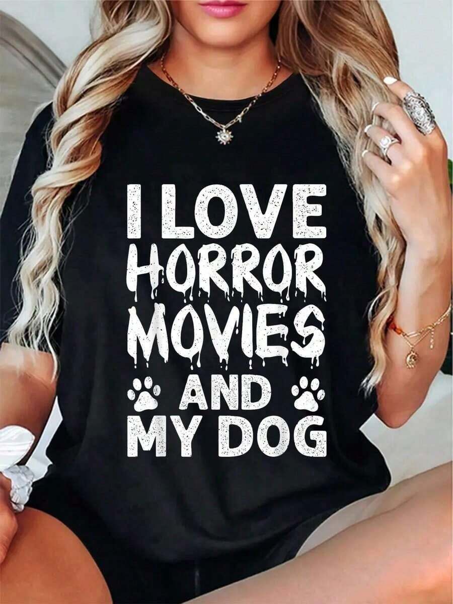 de película de terror "I Love Horror Movie", camiseta de manga corta casual de Wo para primavera y verano, camisetas gráficas de Wo, estilo versátil adecuado para el verano, idea de regalo. - Negro - Ver 1