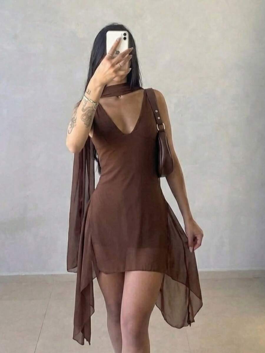 Women's Aycha Suplex Shaping Dress With Tulle, V-Neck, Multifunctional Scarf, Elegant Party Dress - We Guarantee Fit Sizes (34-40). - 鏽棕色 - 查看 1