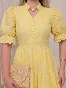 Women's Midi Dress With 3D Embroidery And Plain Design, Functional Button, Elasticated Back And Sleeves, 100% Cotton,  For Women. - 3D黃色 - 查看 4