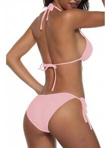 Women Two Piece Swimsuit Sexy Swimwear Halter String Triangle Bikini Sets - 淺粉色 - 查看 3