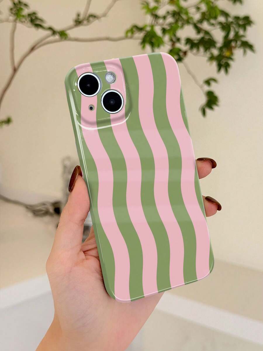1pc Minimalist Fresh Wavy Stripe Pattern Perforated Glossy Film Full Coverage Hard Phone Case Suitable For Samsung/IPhone11/12/13/14/15/16 Pro Max - Multicolor - View 1