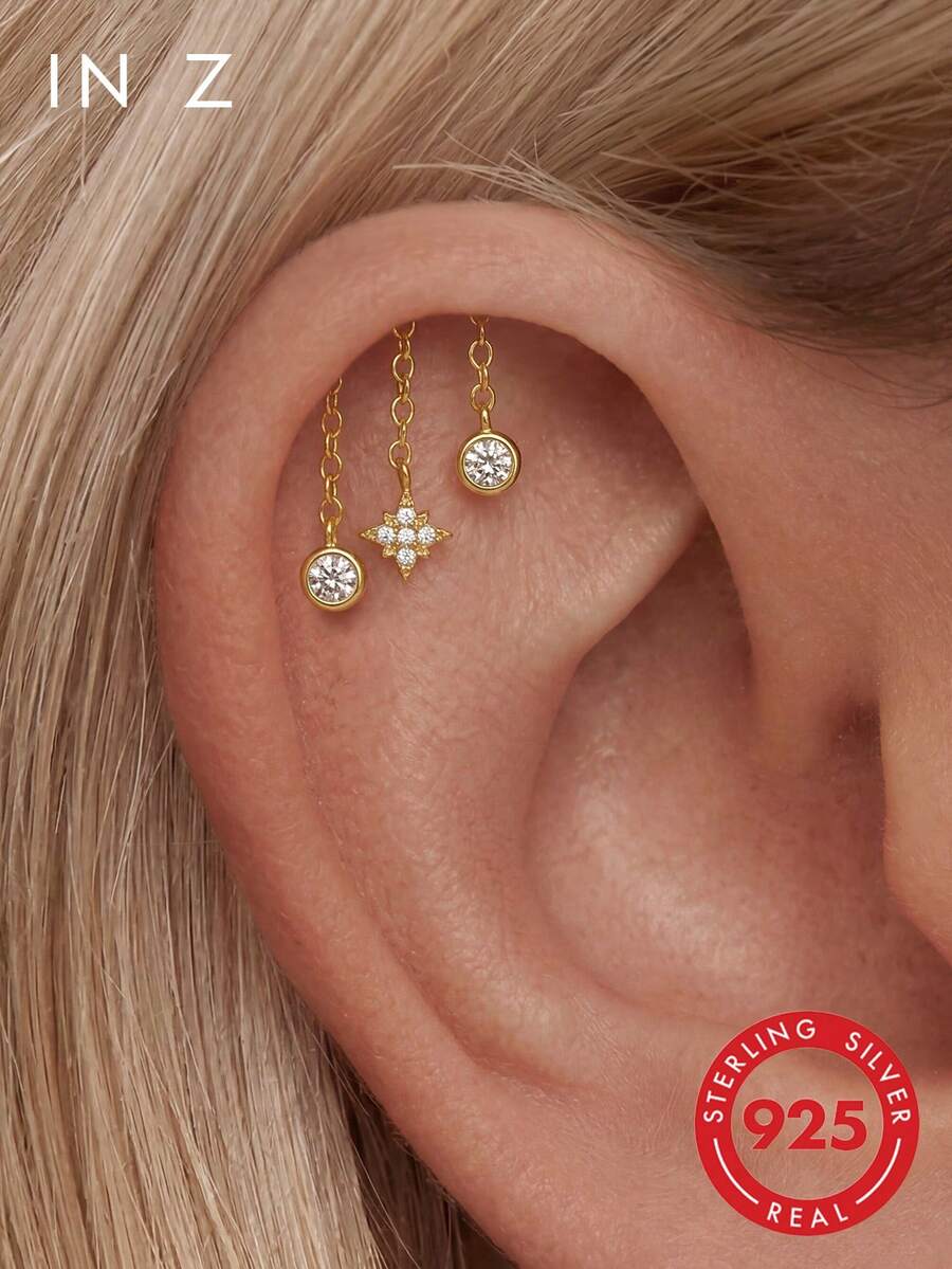 IN Z 1pc Romantic Triple Tassel Eight-Pointed Star Zirconia Inlaid Ribbed Stud Earrings | 925 Sterling Silver Hypoallergenic Stud Earrings | Ear Cartilage Flat Ear Studs | Hidden Helix | Suitable For Women And Men Daily Wear | Suitable For Party Wedding Jewelry Valentine's Day Exquisite Jewelry - Multicolor - View 1