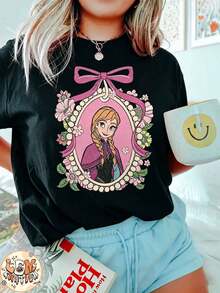 Disney Frozen Anna Floral Bow Frame Print Tee, Sweet Vintage Sketch Design, Casual T-Shirt For Daily & Disney Park Trip - Black - View 1
