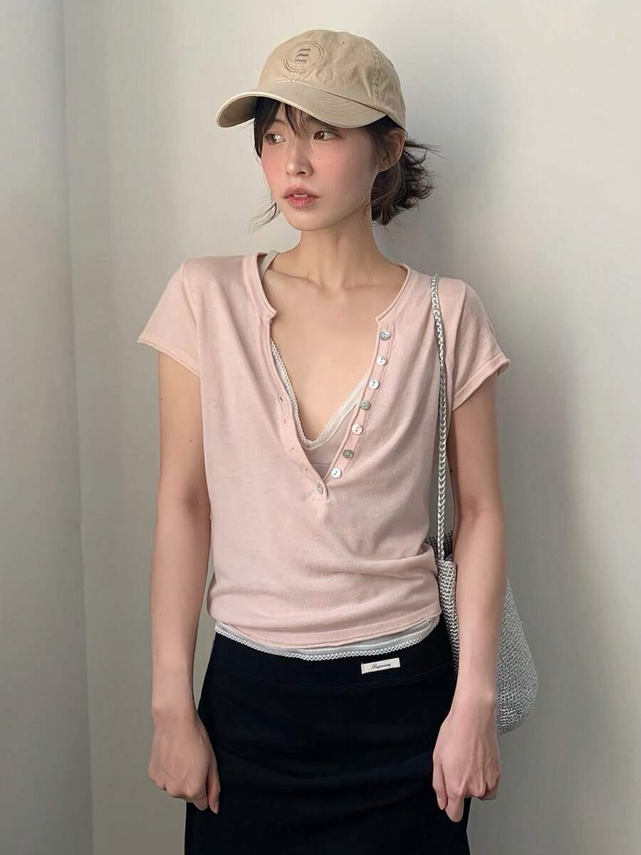 韓式簡約休閒半鈕扣短袖女款針織上衣 粉色夏季 - 粉色 - 查看 1