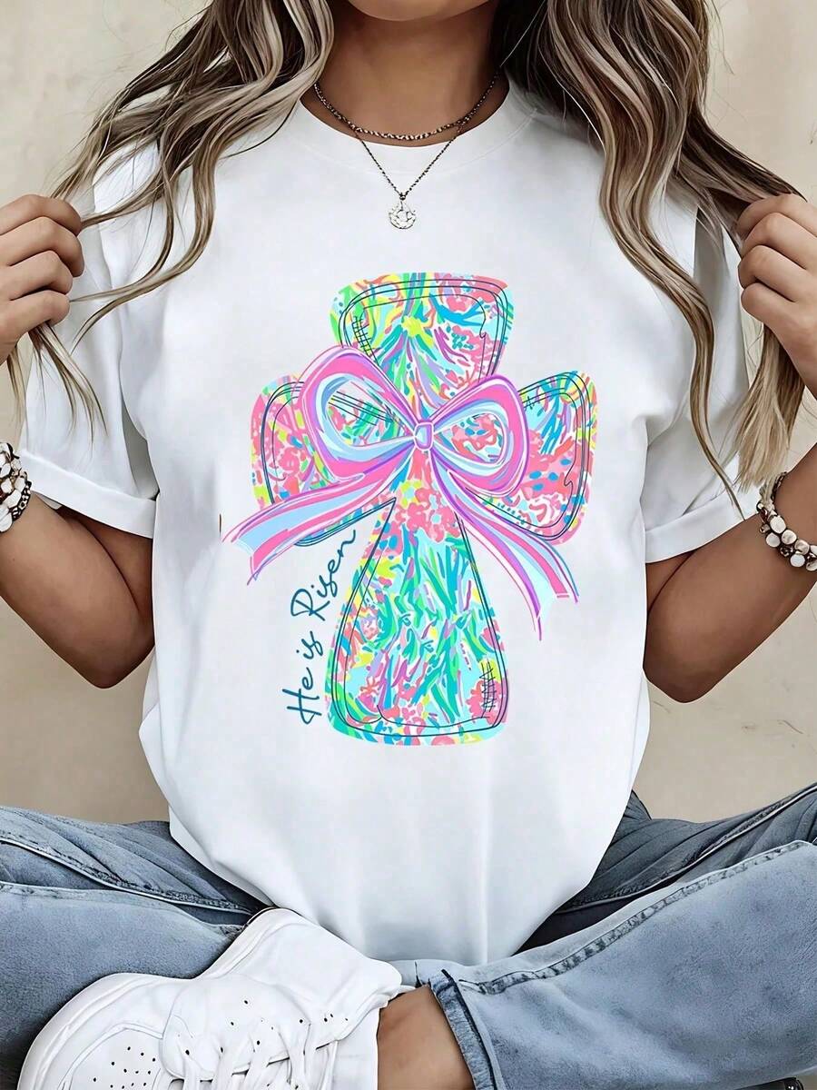Camiseta con cruz religiosa, patr n floraibrante en negro con lazo rosa y texto "l ha resucitado" para celebraci n de Pascua y primavera - Blanco - Ver 1