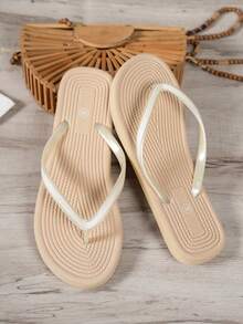 Light Luxury Women's Glitter Thin Strap Flip Flops, Textured Shock-Absorbing Toe-Post Sandals, Open Toe Summer Slides, Suitable For Daily Wear And Beach Vacation - Khaki - View 6
