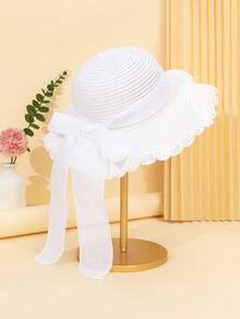1 pieza Sombrero de sol blanco con onda y lazo para niñas, sombrero elegante con protección UV adecuado para la playa, viajes, vacaciones, estilo bohemio - 1PC - Ver 2