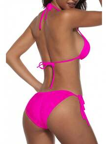 Women Two Piece Swimsuit Sexy Swimwear Halter String Triangle Bikini Sets - 玫紅色 - 查看 3